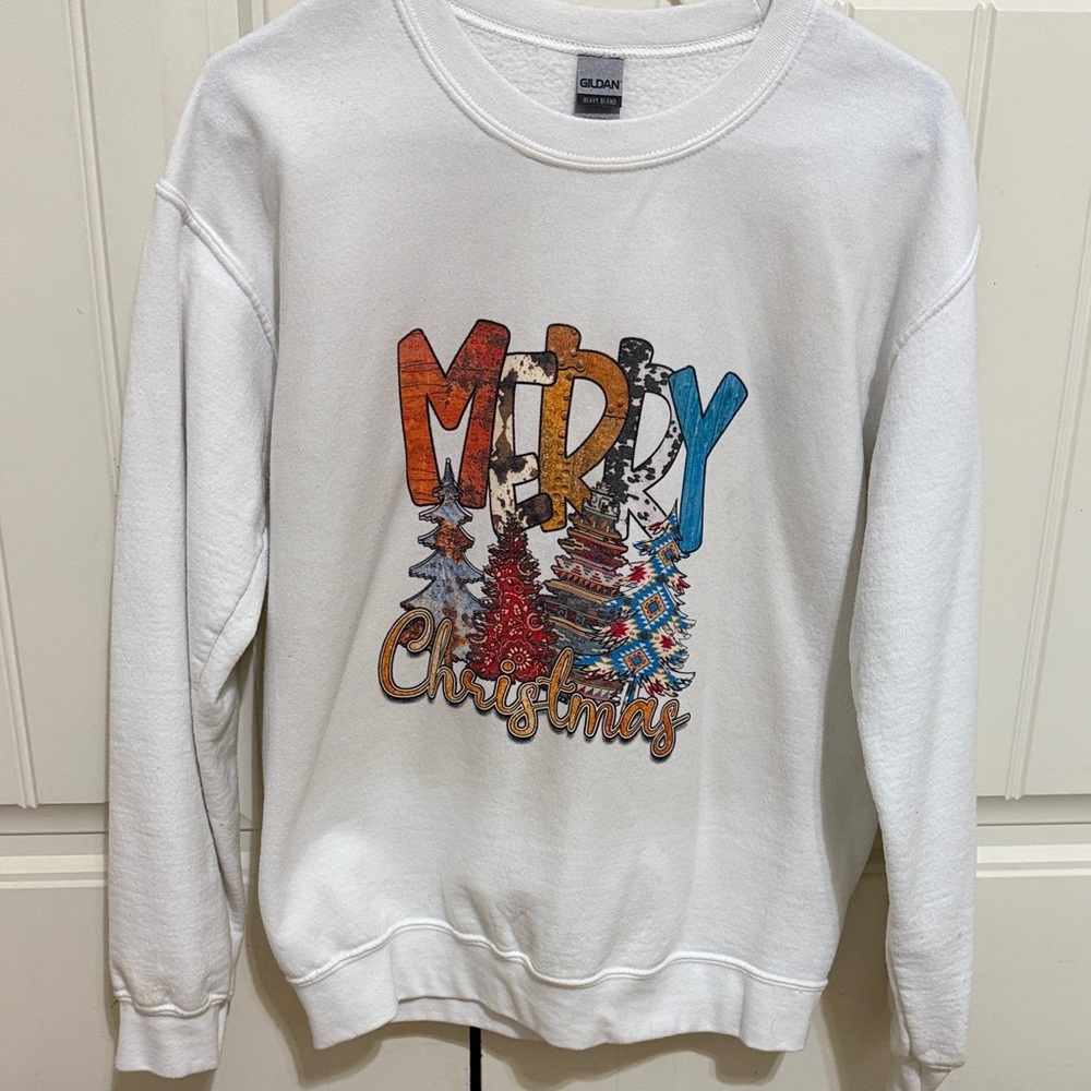 Gildan White Merry Christmas Sweatshirt with Colorful Design